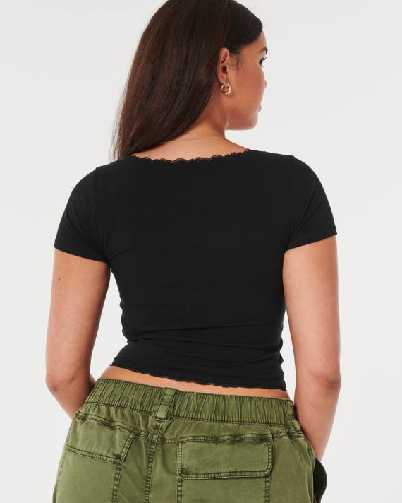 Hollister Kvinder baby-t-shirt med firkantet hals med blonder 2H8Z124 toppe sort