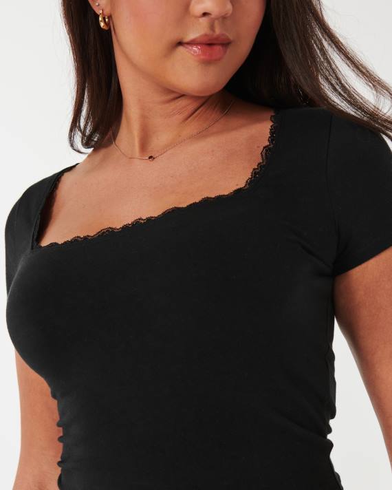 Hollister Kvinder baby-t-shirt med firkantet hals med blonder 2H8Z124 toppe sort