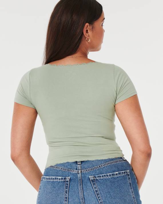 Hollister Kvinder baby-t-shirt med firkantet hals med blonder 2H8Z232 toppe salvie grøn