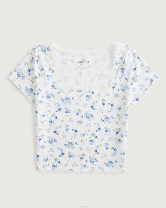 Hollister Kvinder baby-t-shirt med firkantet hals med blonder 2H8Z37 toppe hvid blomstret