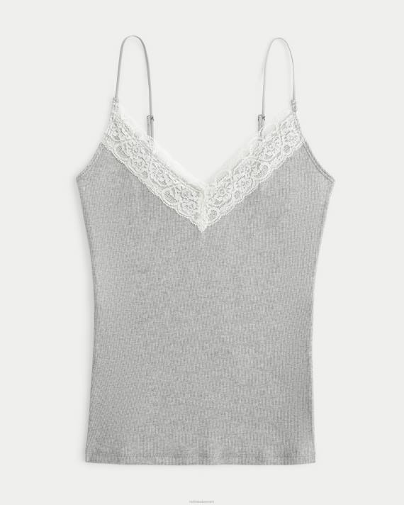 Hollister Kvinder blondekant ribstrikket v-hals cami 2H8Z379 toppe gråmeleret
