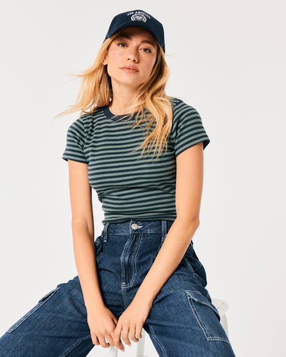 Hollister Kvinder bomuld crew baby t-shirt 2H8Z21 toppe marineblå stribe