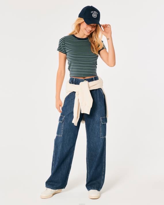 Hollister Kvinder bomuld crew baby t-shirt 2H8Z21 toppe marineblå stribe