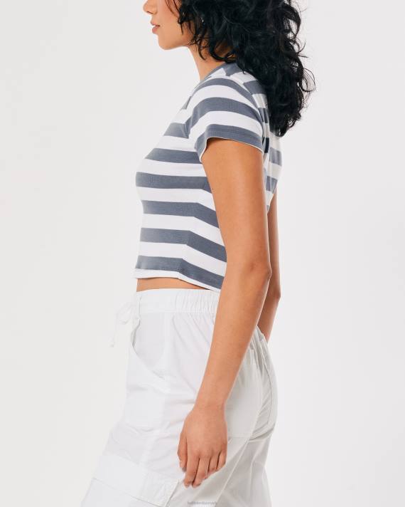 Hollister Kvinder bomuld crew baby t-shirt 2H8Z297 toppe hvid og blå stribe