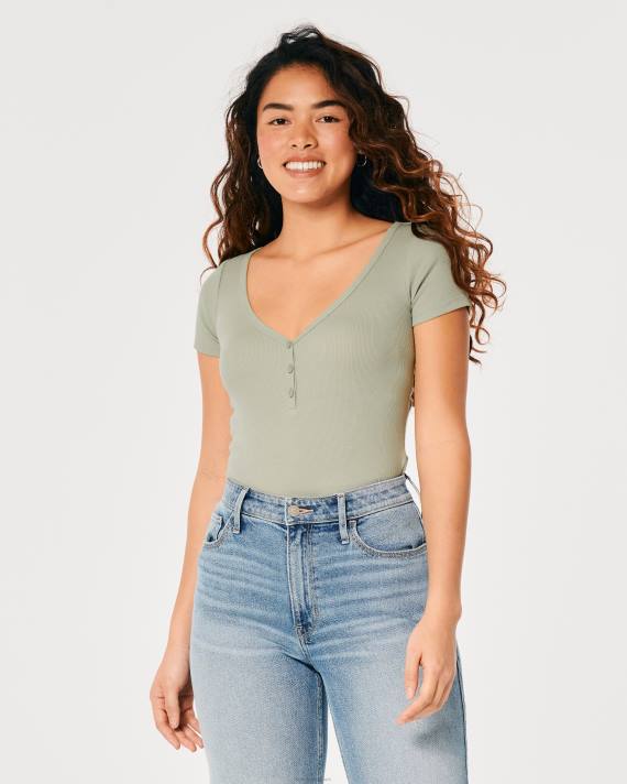 Hollister Kvinder kortærmet v-hals henley 2H8Z209 toppe salvie
