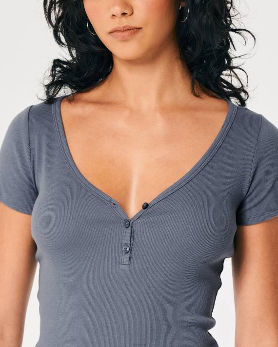 Hollister Kvinder kortærmet v-hals henley 2H8Z419 toppe flåde
