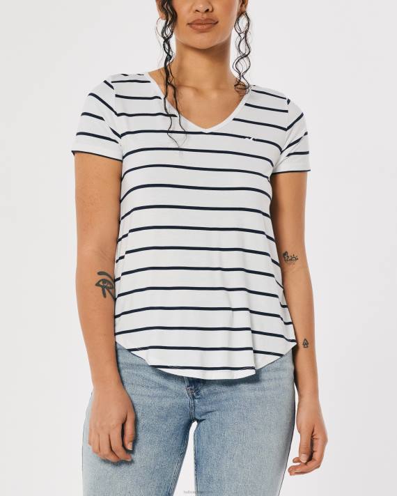 Hollister Kvinder let logo ikon v-hals t-shirt 2H8Z204 toppe hvid stribe