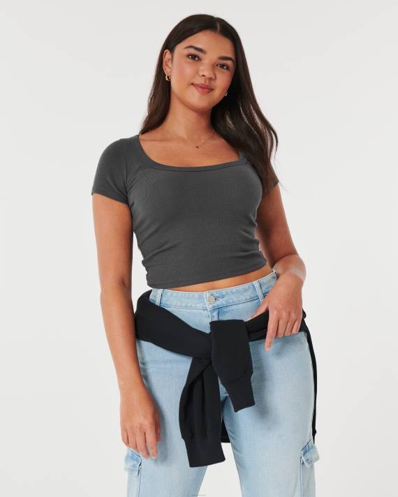 Hollister Kvinder rib scoop baby tee 2H8Z270 toppe mørkegrå flad