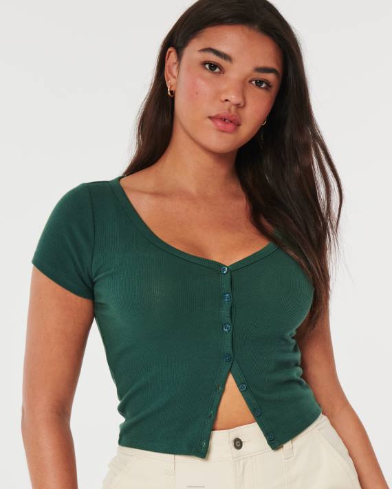 Hollister Kvinder ribkantet top med v-hals og knap 2H8Z235 toppe mørkegrøn