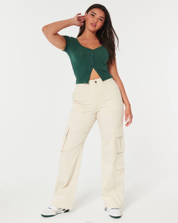 Hollister Kvinder ribkantet top med v-hals og knap 2H8Z235 toppe mørkegrøn