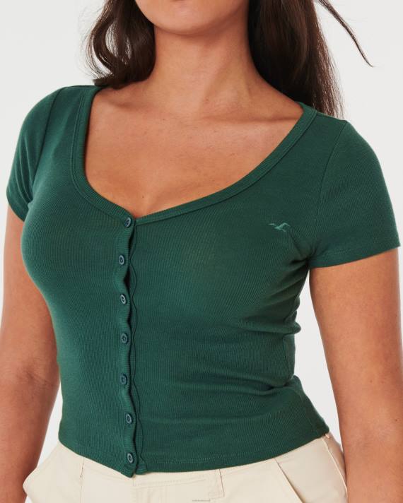 Hollister Kvinder ribkantet top med v-hals og knap 2H8Z235 toppe mørkegrøn