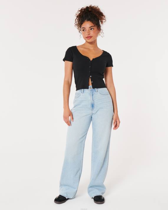 Hollister Kvinder ribkantet top med v-hals og knap 2H8Z243 toppe sort