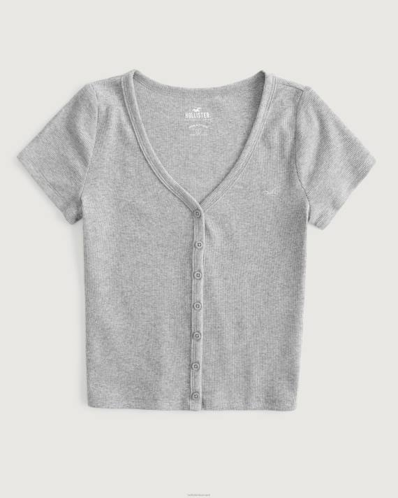 Hollister Kvinder ribkantet top med v-hals og knap 2H8Z335 toppe gråmeleret
