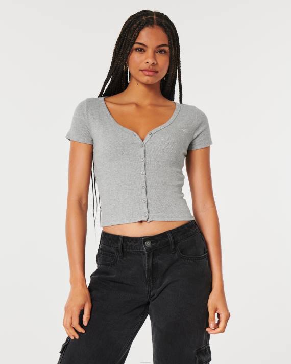 Hollister Kvinder ribkantet top med v-hals og knap 2H8Z335 toppe gråmeleret