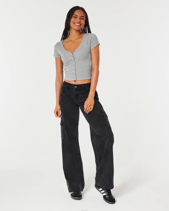 Hollister Kvinder ribkantet top med v-hals og knap 2H8Z335 toppe gråmeleret