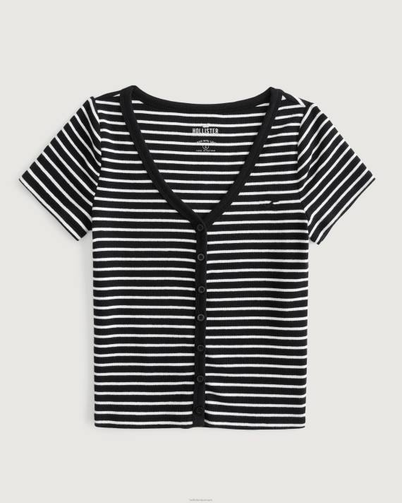 Hollister Kvinder ribkantet top med v-hals og knap 2H8Z348 toppe hvid stribe