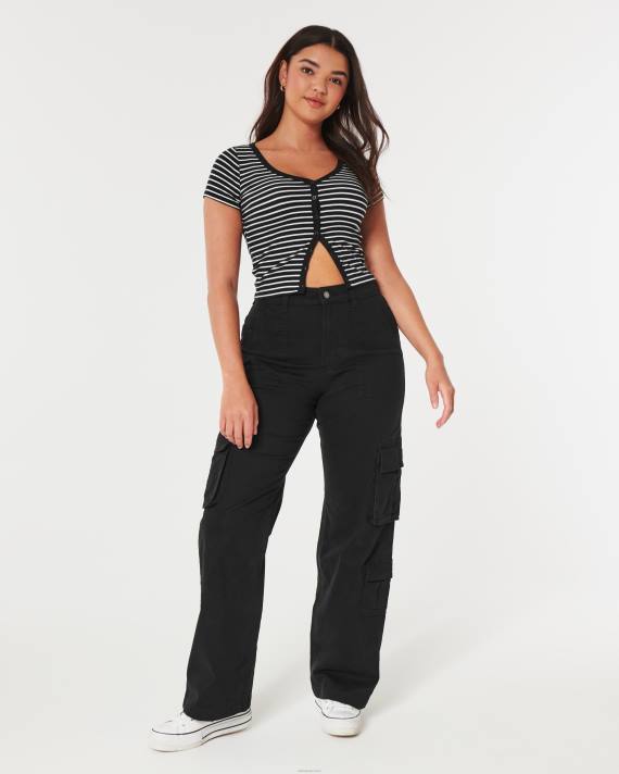 Hollister Kvinder ribkantet top med v-hals og knap 2H8Z348 toppe hvid stribe