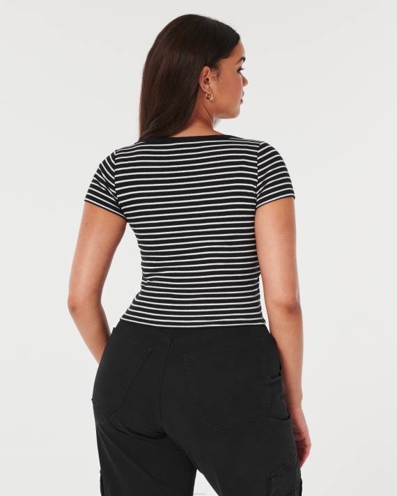 Hollister Kvinder ribkantet top med v-hals og knap 2H8Z348 toppe hvid stribe