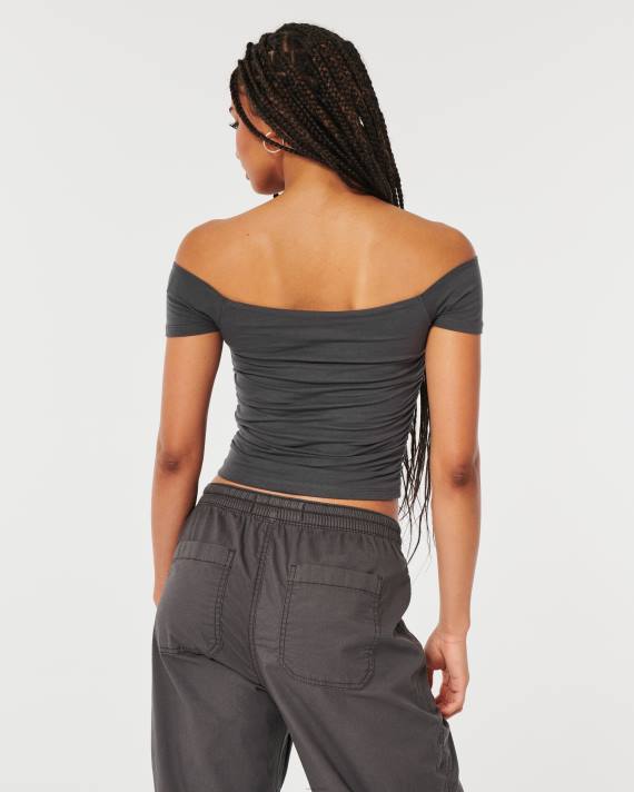 Hollister Kvinder rynket off-the-skulder top 2H8Z141 toppe mørkegrå