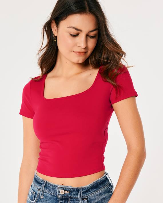 Hollister Kvinder sømløs baby-t-shirt med firkantet hals i stof 2H8Z164 toppe rød