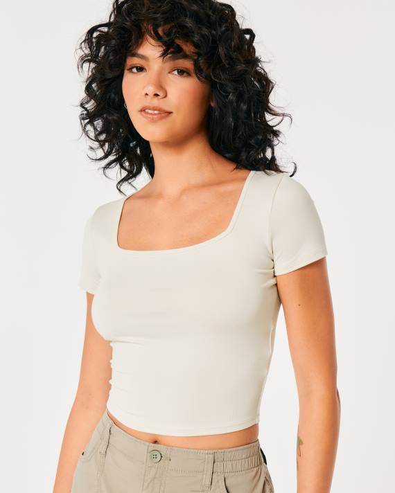 Hollister Kvinder sømløs baby-t-shirt med firkantet hals i stof 2H8Z197 toppe fløde