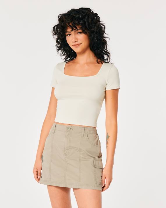 Hollister Kvinder sømløs baby-t-shirt med firkantet hals i stof 2H8Z197 toppe fløde