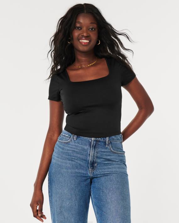 Hollister Kvinder sømløs baby-t-shirt med firkantet hals i stof 2H8Z67 toppe sort