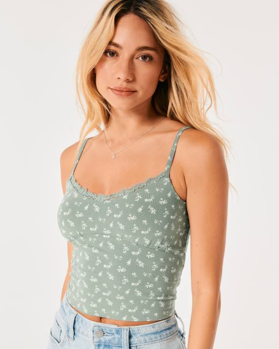 Hollister Kvinder blondekant rynket buste cami 2H8Z135 toppe grøn blomster