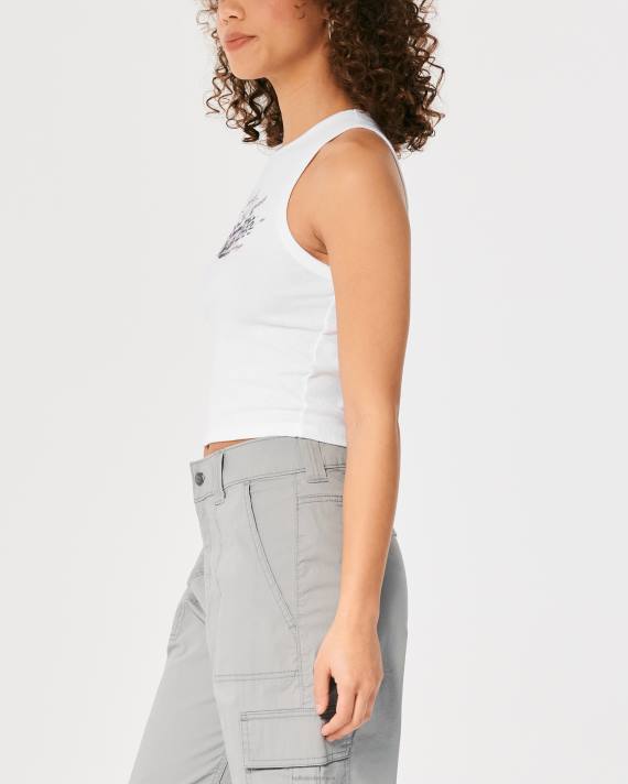 Hollister Kvinder højhalset riflet racerbils grafisk tank 2H8Z278 toppe hvid