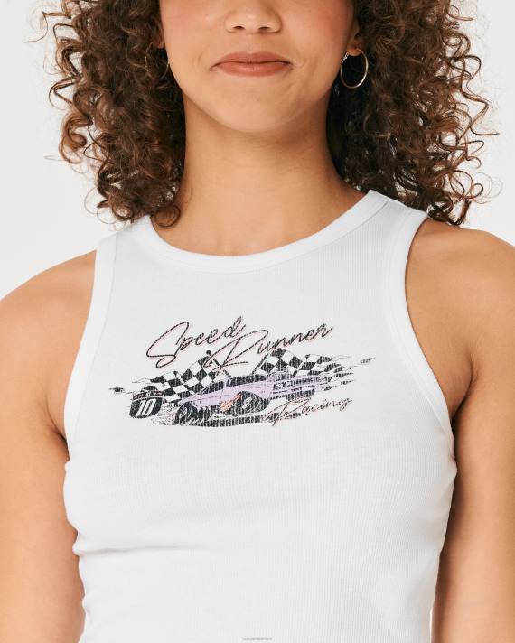 Hollister Kvinder højhalset riflet racerbils grafisk tank 2H8Z278 toppe hvid