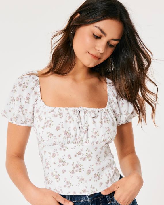 Hollister Kvinder kortærmet top med bindebånd 2H8Z47 toppe hvid blomstret