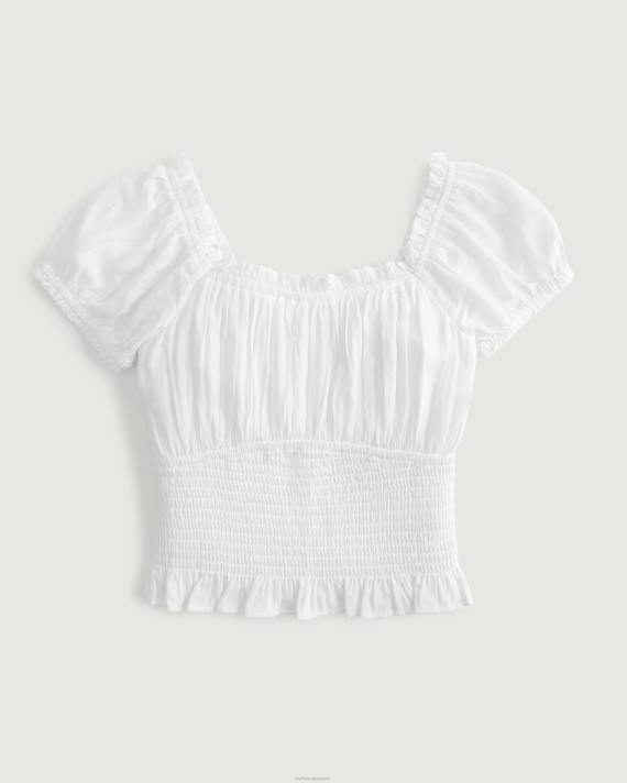 Hollister Kvinder på eller af skulderen smocket talje top 2H8Z105 toppe hvid
