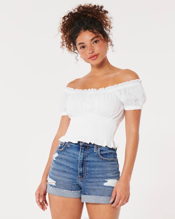 Hollister Kvinder på eller af skulderen smocket talje top 2H8Z105 toppe hvid