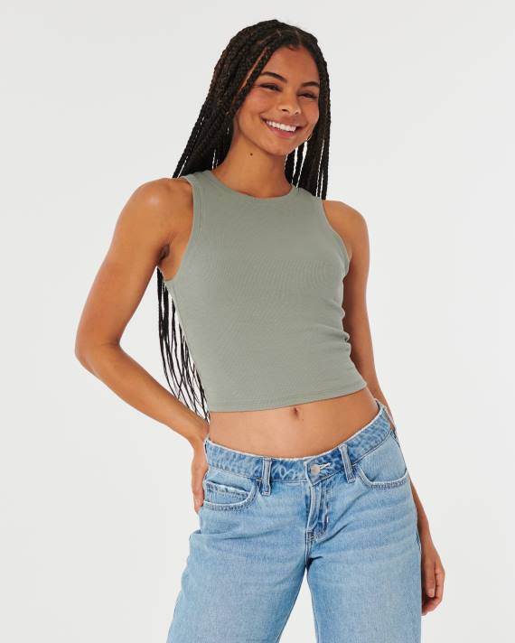 Hollister Kvinder ribbet højhalset tank 2H8Z49 toppe olivengrøn