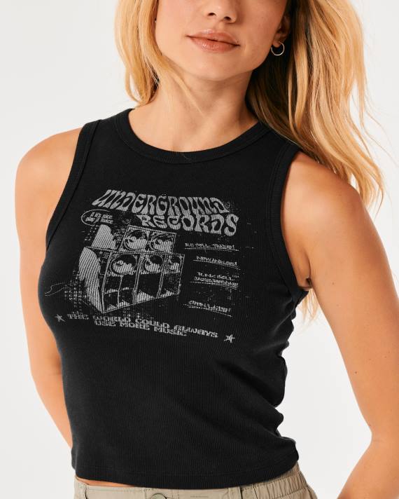 Hollister Kvinder ribbet underjordisk optegnelser grafisk tank 2H8Z56 toppe sort