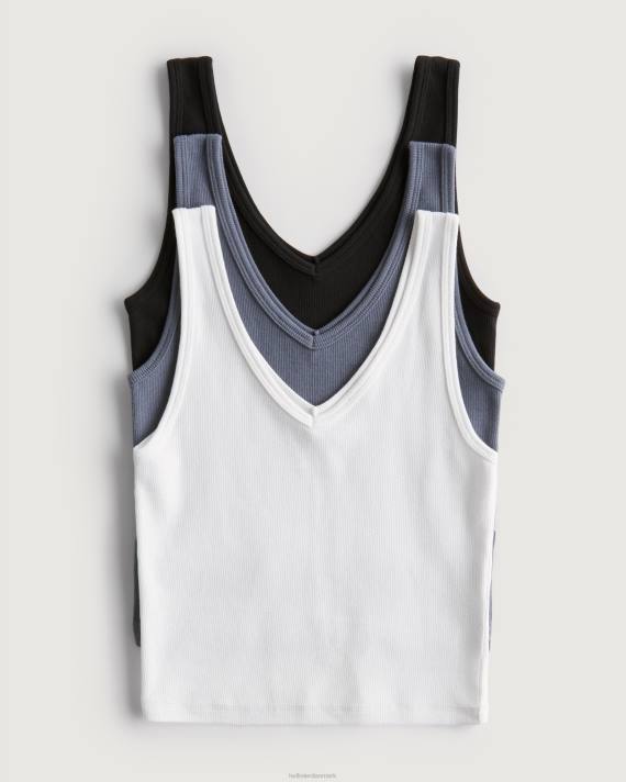 Hollister Kvinder ribbet v-hals tank 3-pak 2H8Z30 toppe sort-blå-hvid