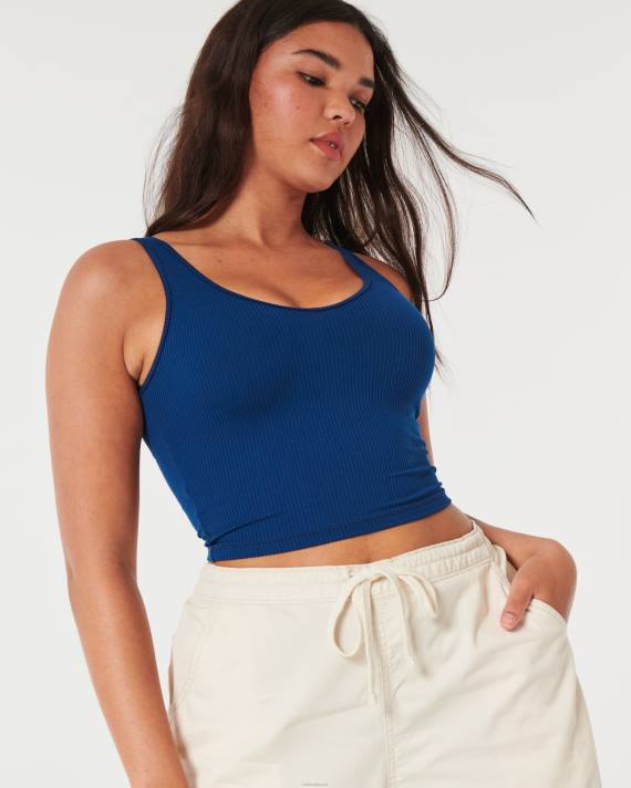 Hollister Kvinder sømløs ribbeholder med v-hals i stof 2H8Z22 toppe mørkeblå