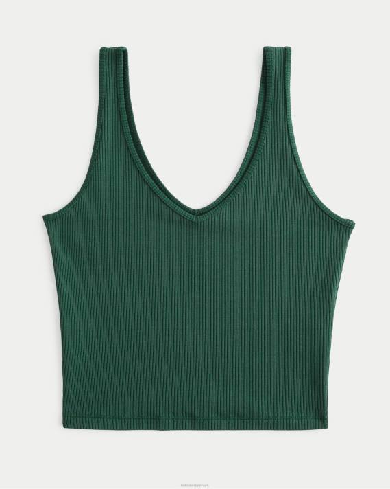 Hollister Kvinder sømløs ribbeholder med v-hals i stof 2H8Z42 toppe mørkegrøn