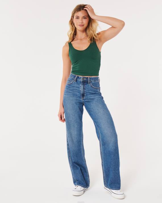 Hollister Kvinder sømløs ribbeholder med v-hals i stof 2H8Z42 toppe mørkegrøn