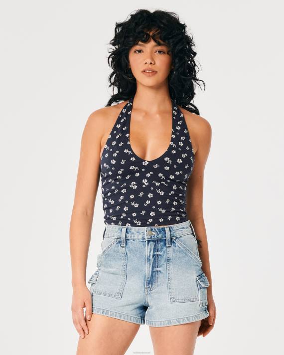 Hollister Kvinder v-hals grime top 2H8Z403 toppe marineblå blomster