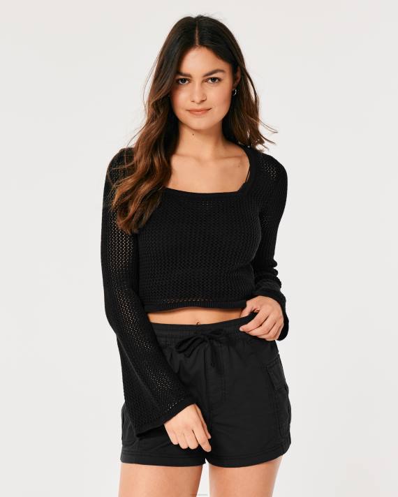 Hollister Kvinder langærmet hæklet trøje med firkantet hals 2H8Z323 toppe sort