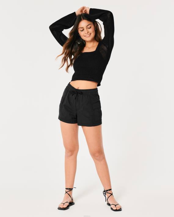 Hollister Kvinder langærmet hæklet trøje med firkantet hals 2H8Z323 toppe sort