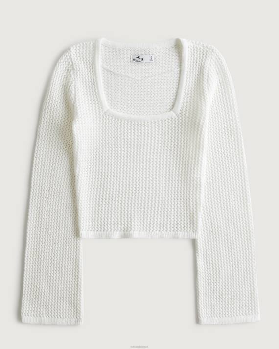 Hollister Kvinder langærmet hæklet trøje med firkantet hals 2H8Z41 toppe hvid