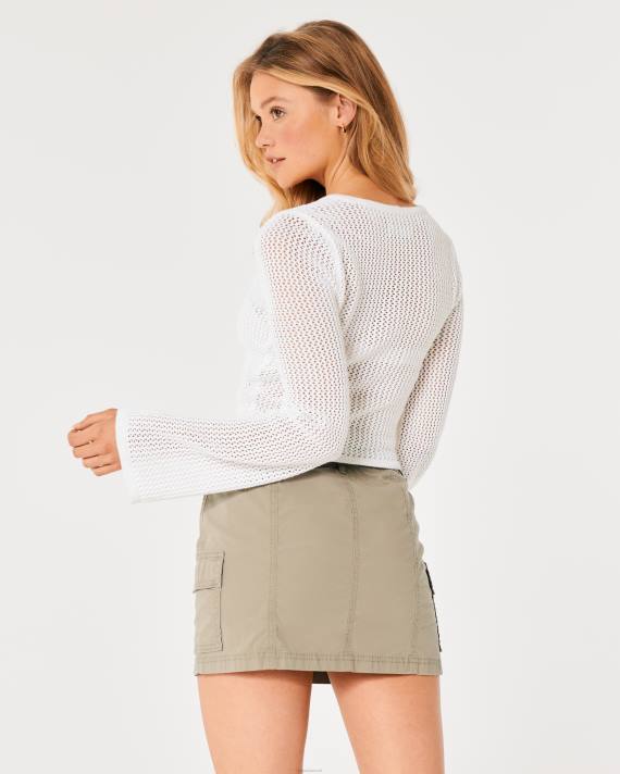 Hollister Kvinder langærmet hæklet trøje med firkantet hals 2H8Z41 toppe hvid