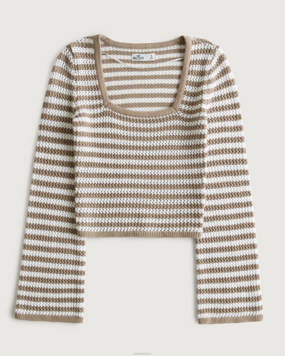 Hollister Kvinder langærmet hæklet trøje med firkantet hals 2H8Z64 toppe lysebrun stribe
