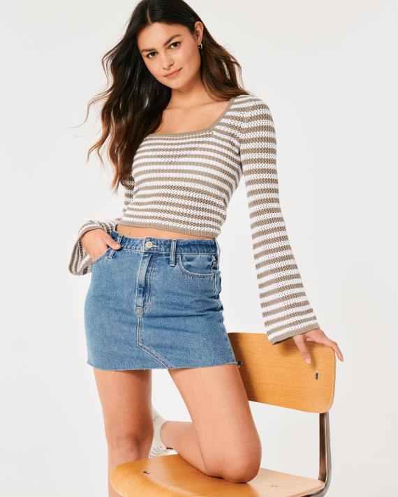 Hollister Kvinder langærmet hæklet trøje med firkantet hals 2H8Z64 toppe lysebrun stribe