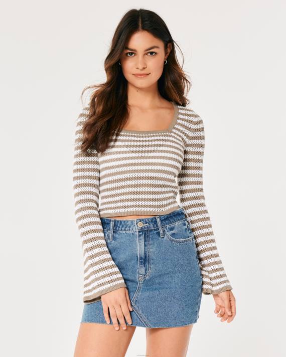 Hollister Kvinder langærmet hæklet trøje med firkantet hals 2H8Z64 toppe lysebrun stribe