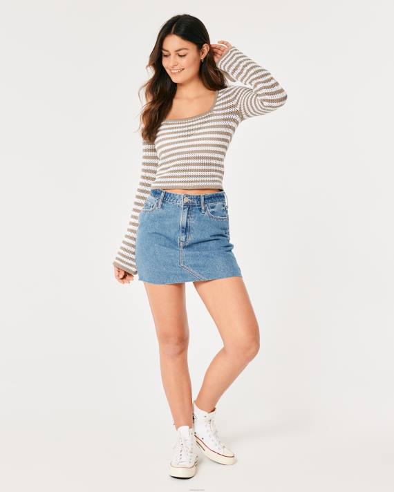 Hollister Kvinder langærmet hæklet trøje med firkantet hals 2H8Z64 toppe lysebrun stribe