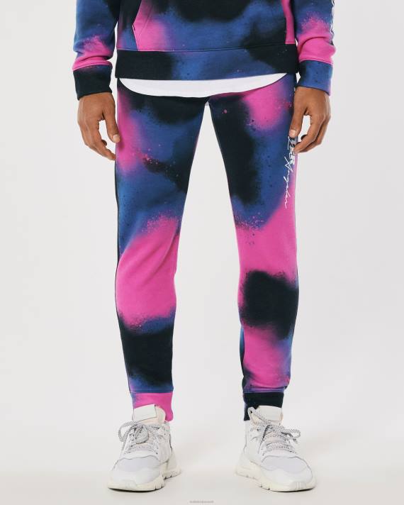 Hollister Mænd print logo fleece jogger 2H8Z1367 bunde sort med pink og blå spray