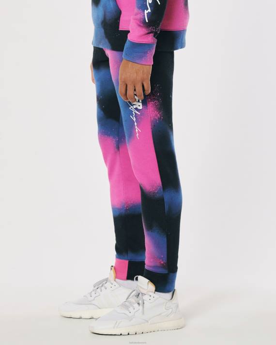 Hollister Mænd print logo fleece jogger 2H8Z1367 bunde sort med pink og blå spray